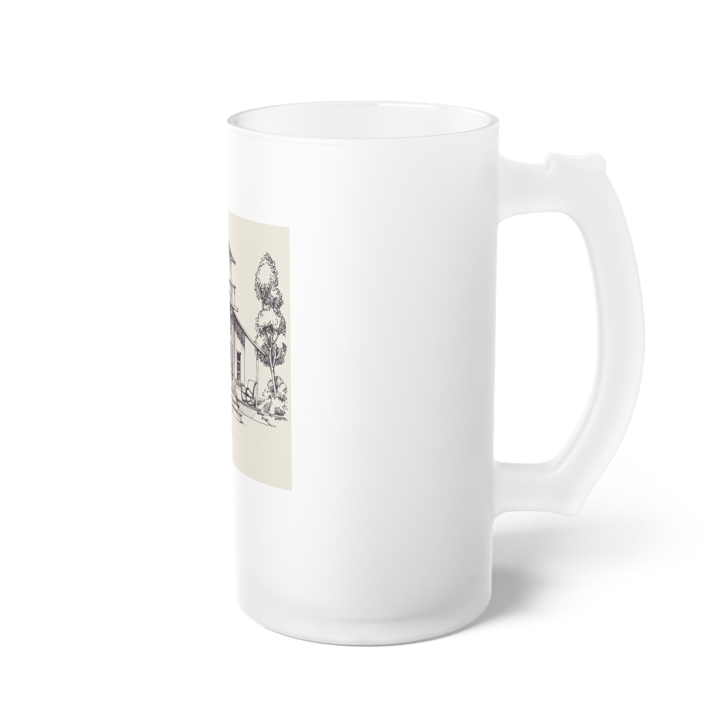 Frosted Glass Beer Mug with Vintage House Sketch — Rustic Home Bar Pint Glass