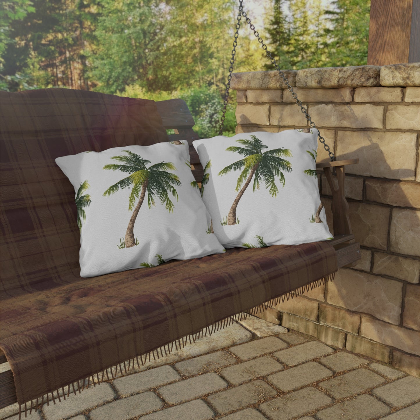 Palm Tree Pattern Outdoor Pillow | Tropical Coastal Patio Cushion