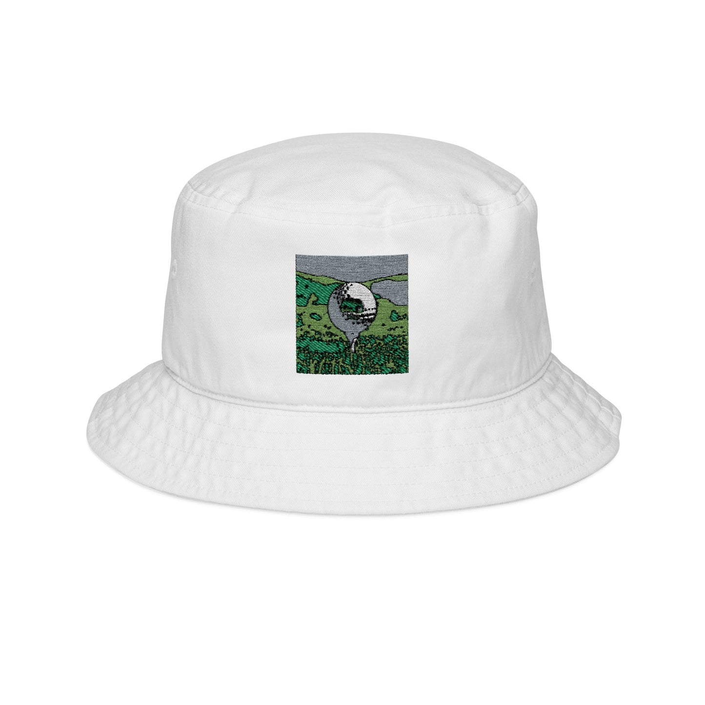 Embroidered Nature Patch Bucket Hat — Scenic Mountain & Meadow Outdoor Cap