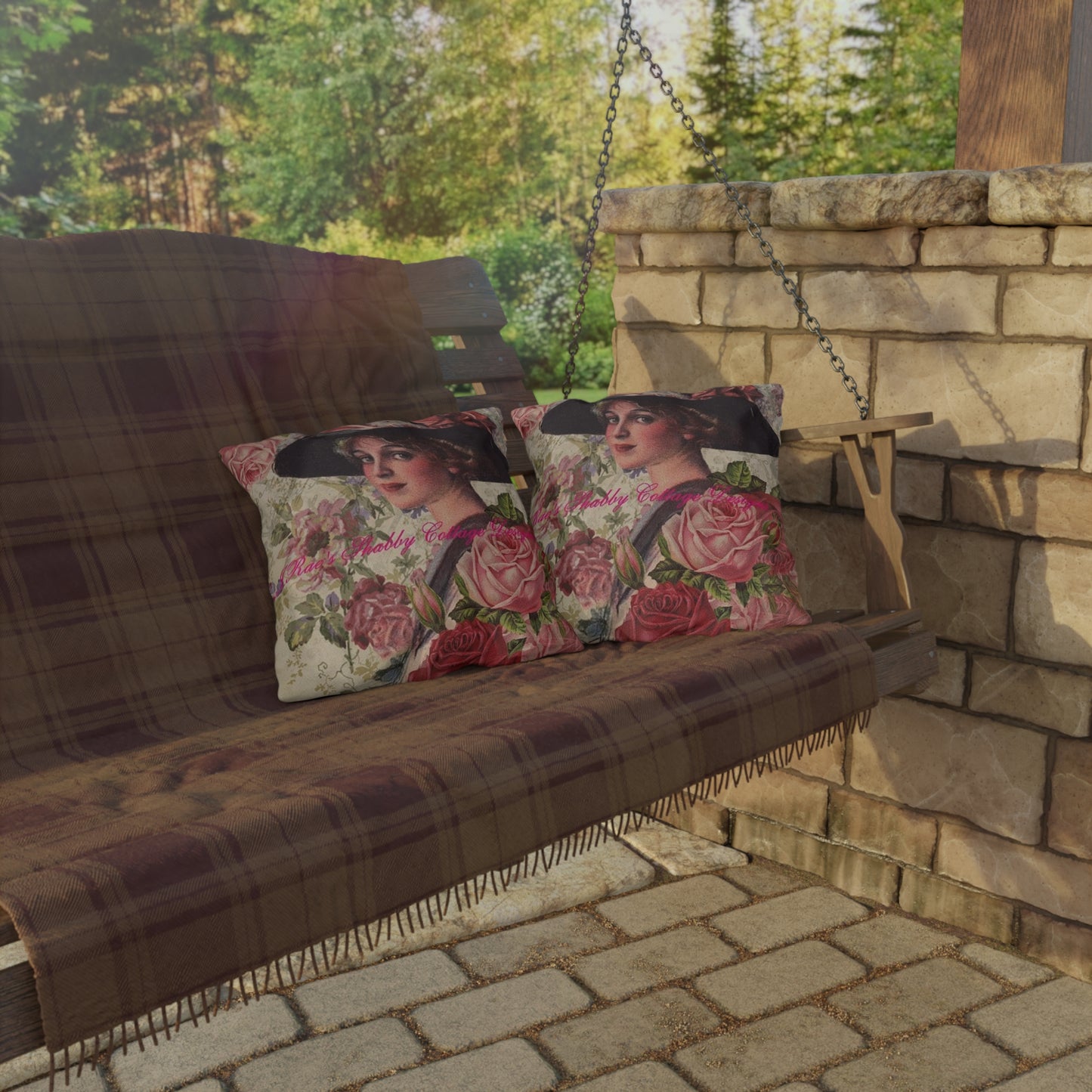 Vintage Lady Portrait Outdoor Pillow | Pink Roses, Shabby Chic