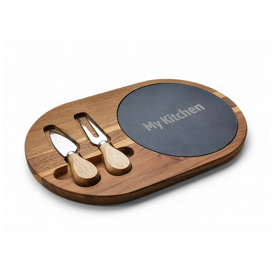Engraved Acacia Charcuterie Board with Slate Insert — Personalized "My Kitchen" Cheese Board Set