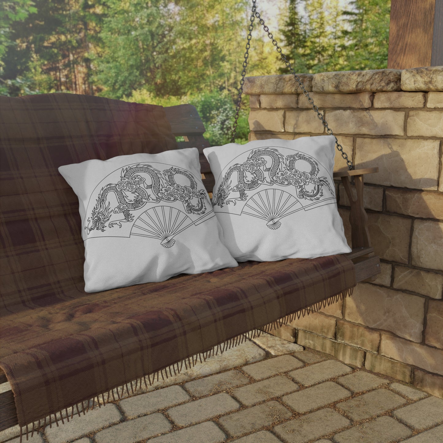 Oriental Dragon Fan Outdoor Pillow | Asian Dragon Illustration, Patio Decor