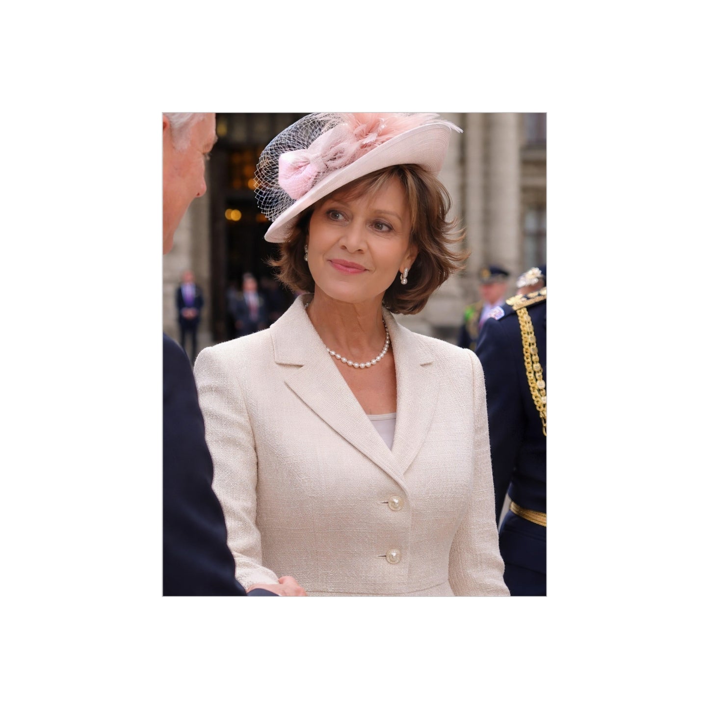 Elegant Woman Portrait Foam Board | Vintage Pearl Necklace, Classic Jacket