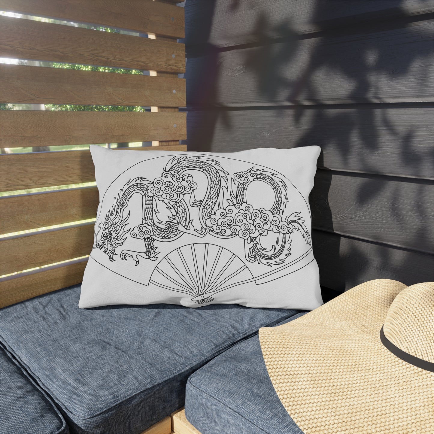 Oriental Dragon Fan Outdoor Pillow | Asian Dragon Illustration, Patio Decor