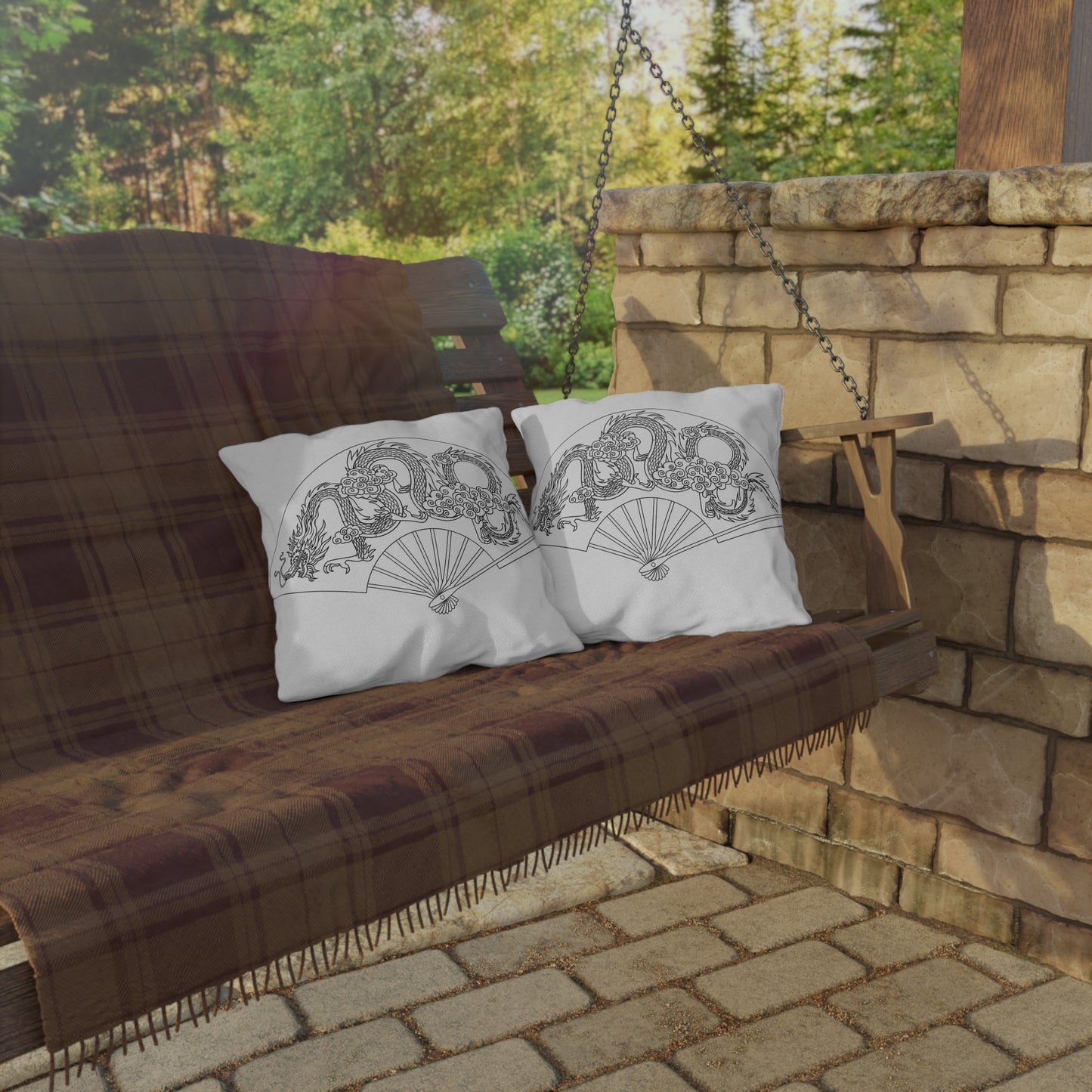 Oriental Dragon Fan Outdoor Pillow | Asian Dragon Illustration, Patio Decor