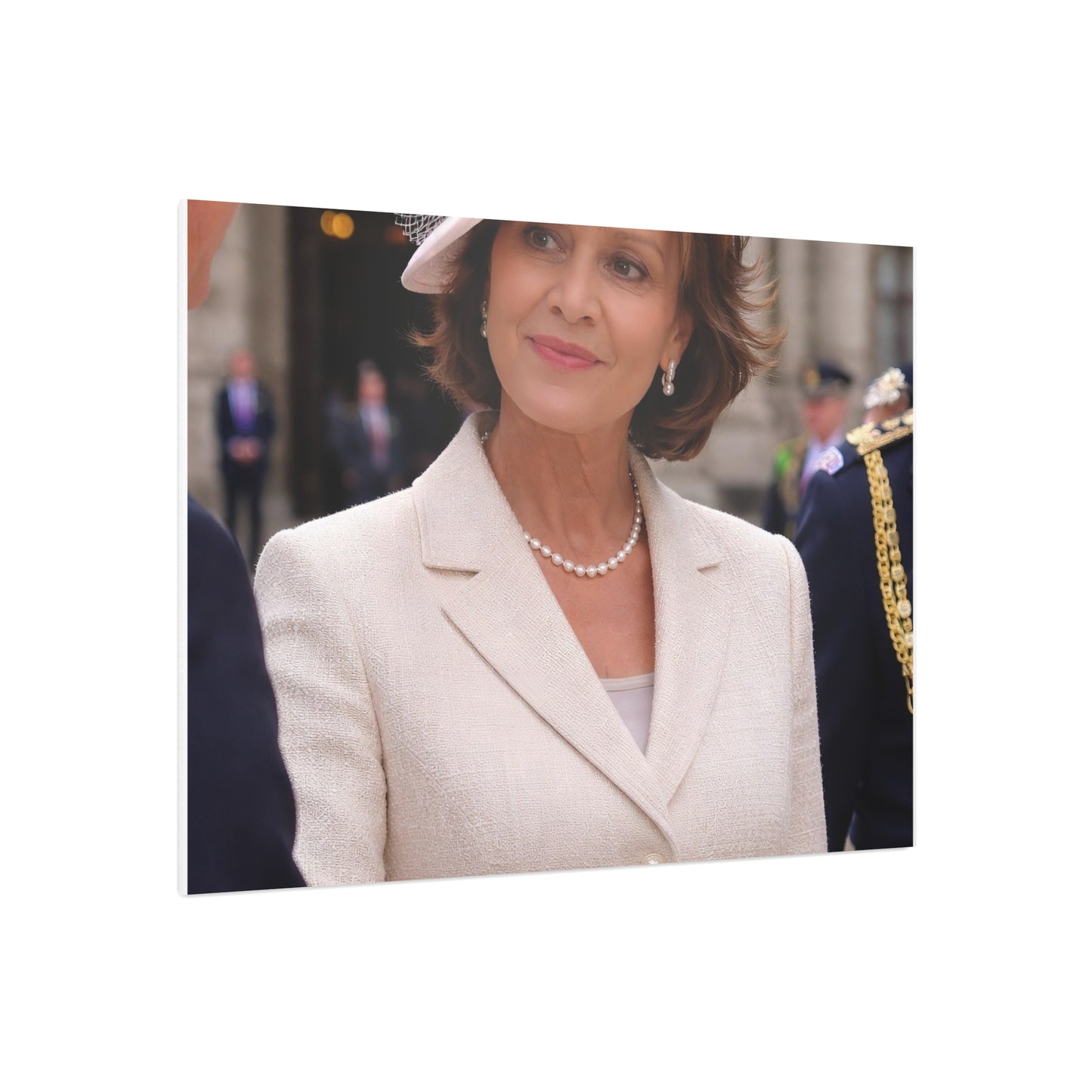 Elegant Woman Portrait Foam Board | Vintage Pearl Necklace, Classic Jacket