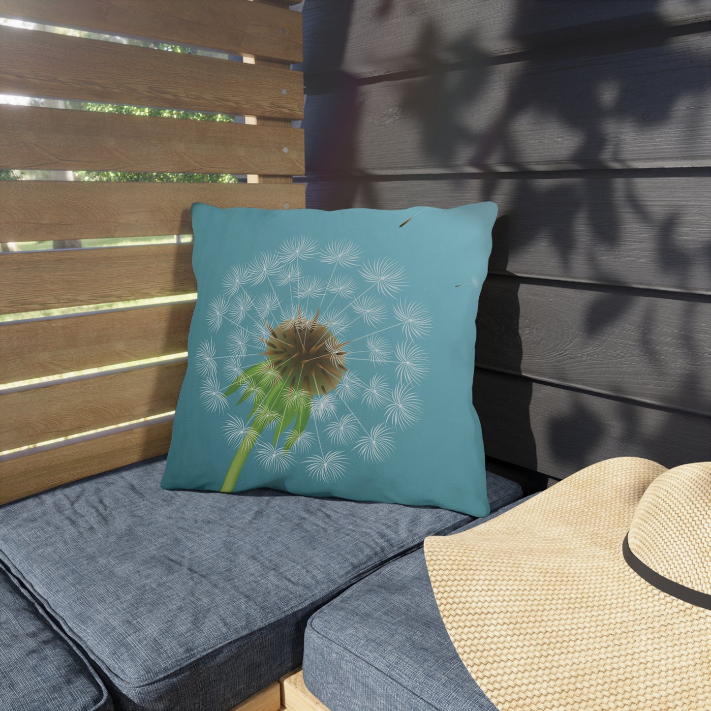Dandelion Puff Outdoor Pillow | Blue Floral Garden Throw Pillow