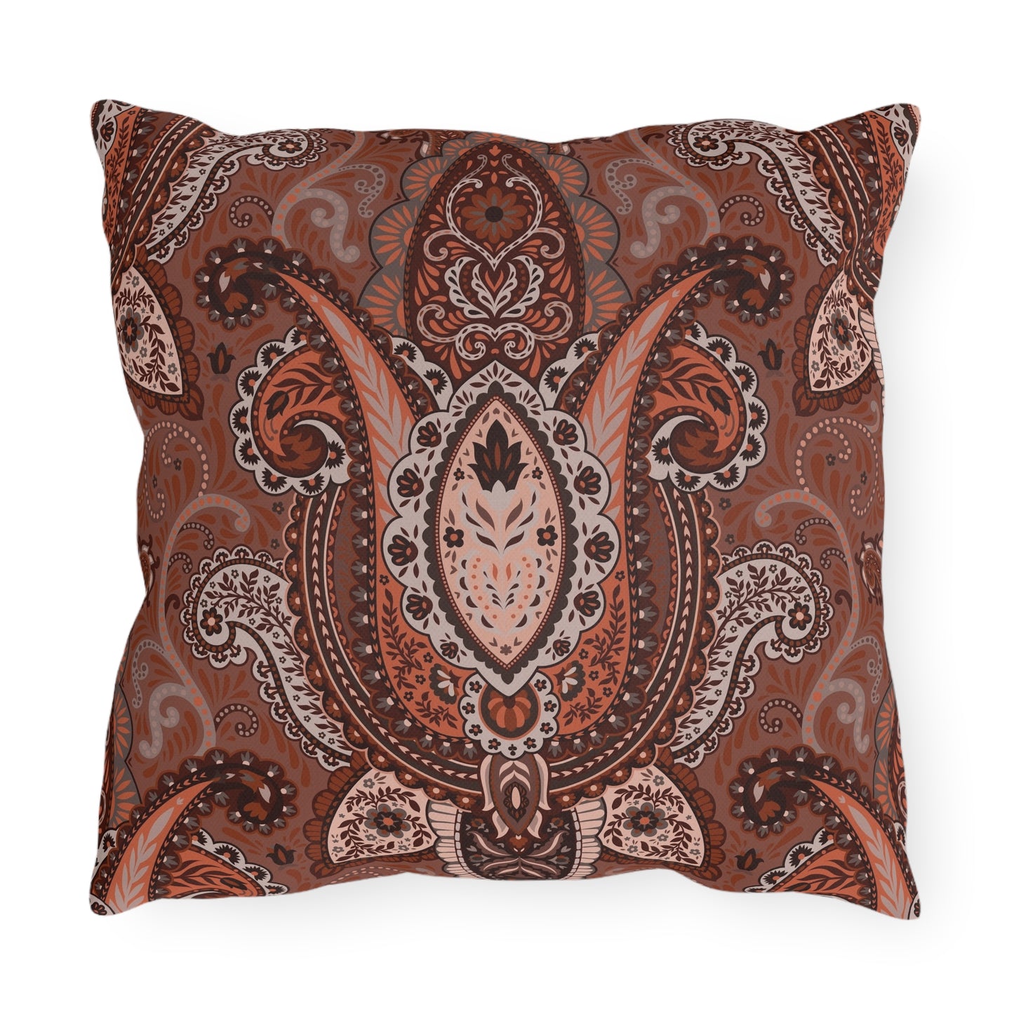Rust Brown Paisley Pattern Outdoor Pillow | Boho Patio Cushion
