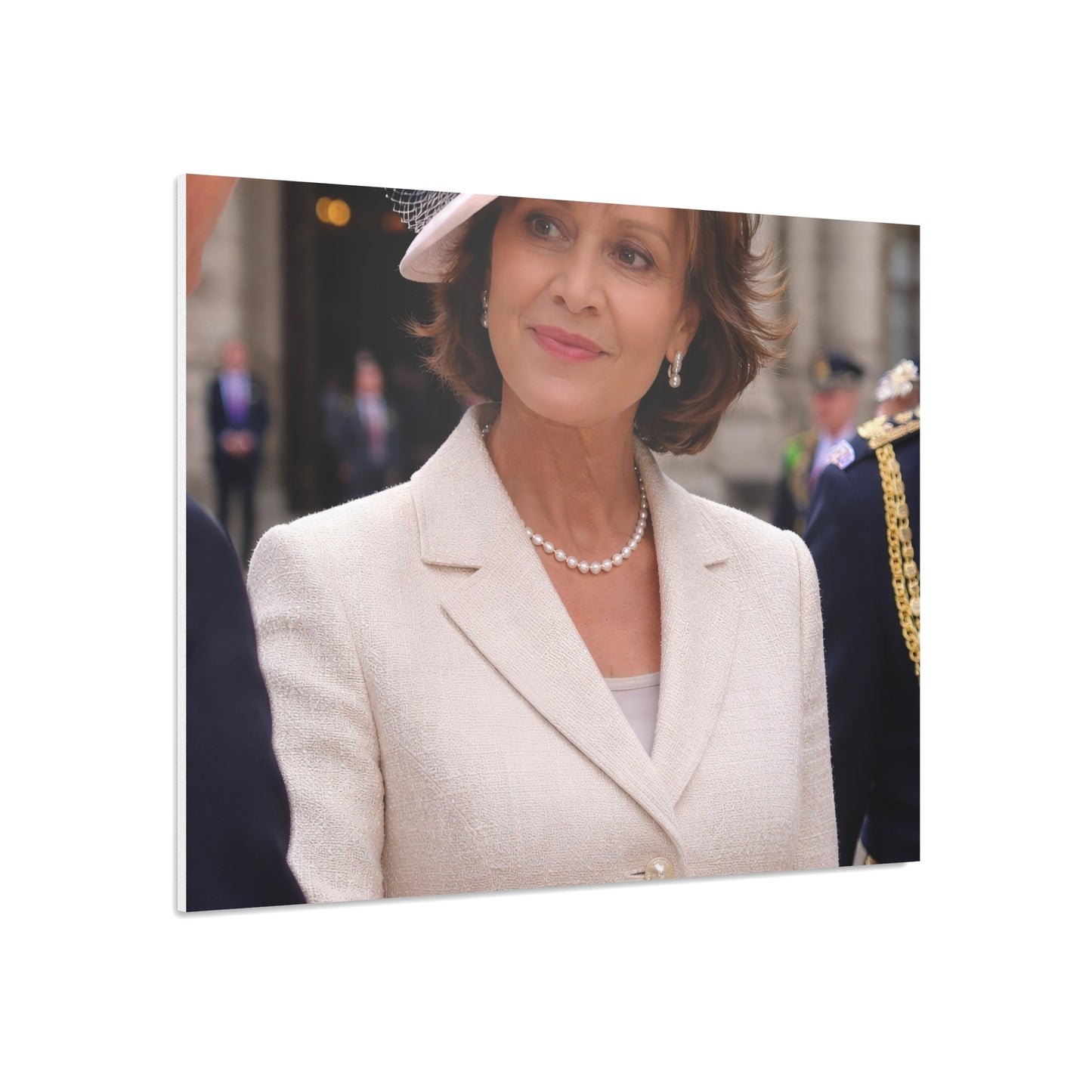 Elegant Woman Portrait Foam Board | Vintage Pearl Necklace, Classic Jacket