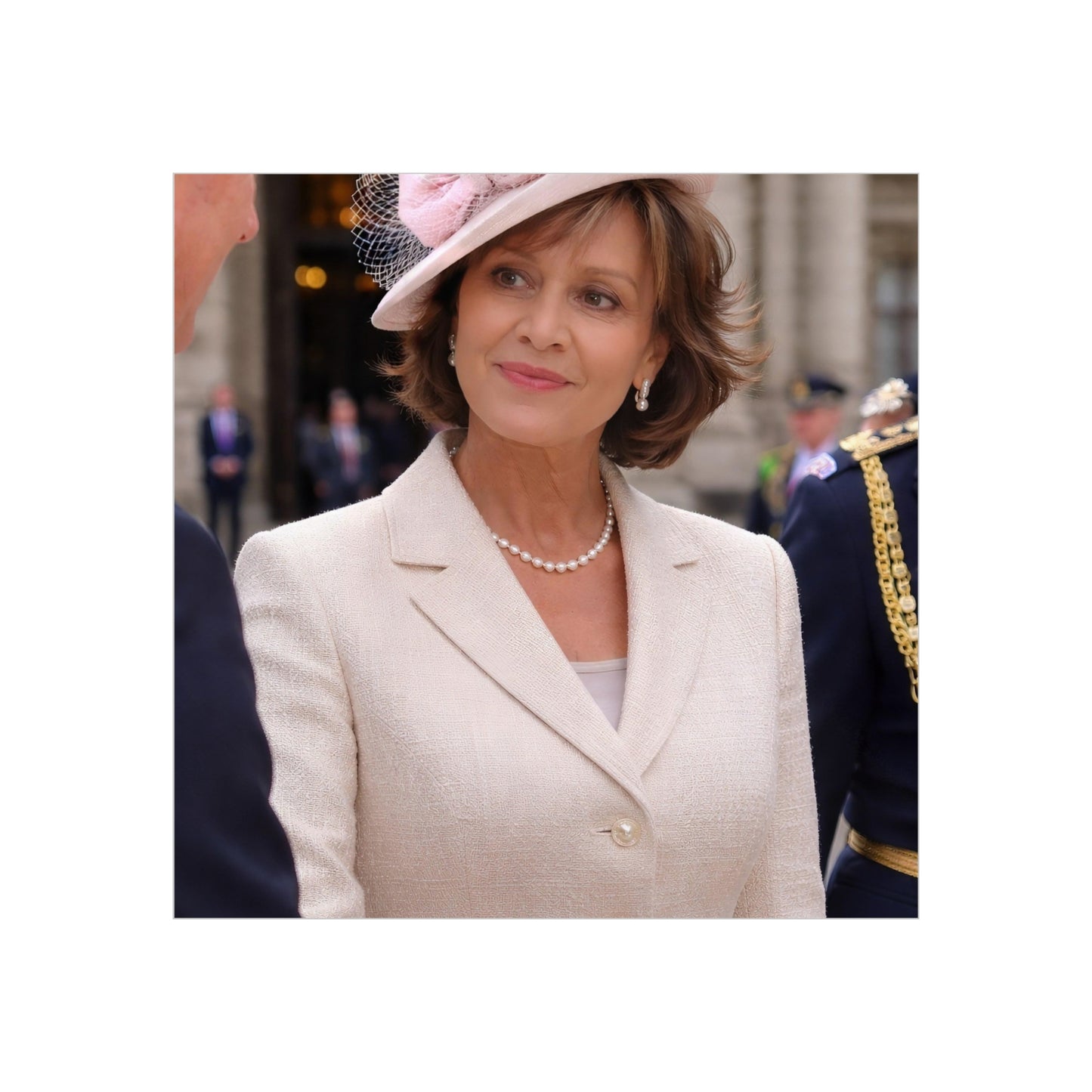Elegant Woman Portrait Foam Board | Vintage Pearl Necklace, Classic Jacket