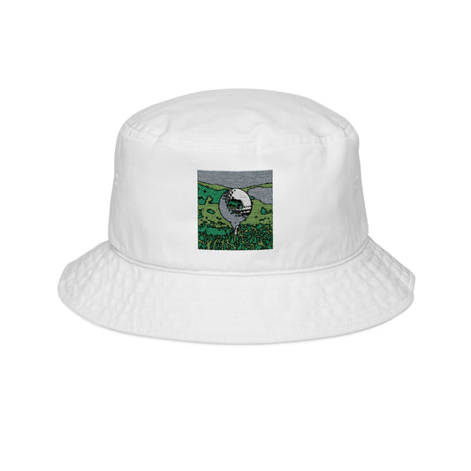 Embroidered Nature Patch Bucket Hat — Scenic Mountain & Meadow Outdoor Cap