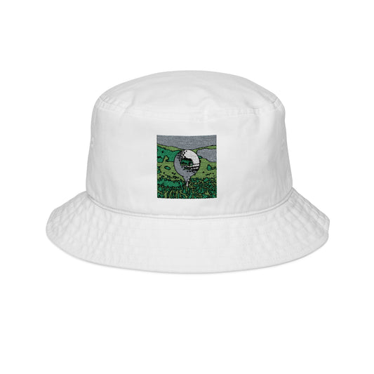 Embroidered Nature Patch Bucket Hat — Scenic Mountain & Meadow Outdoor Cap