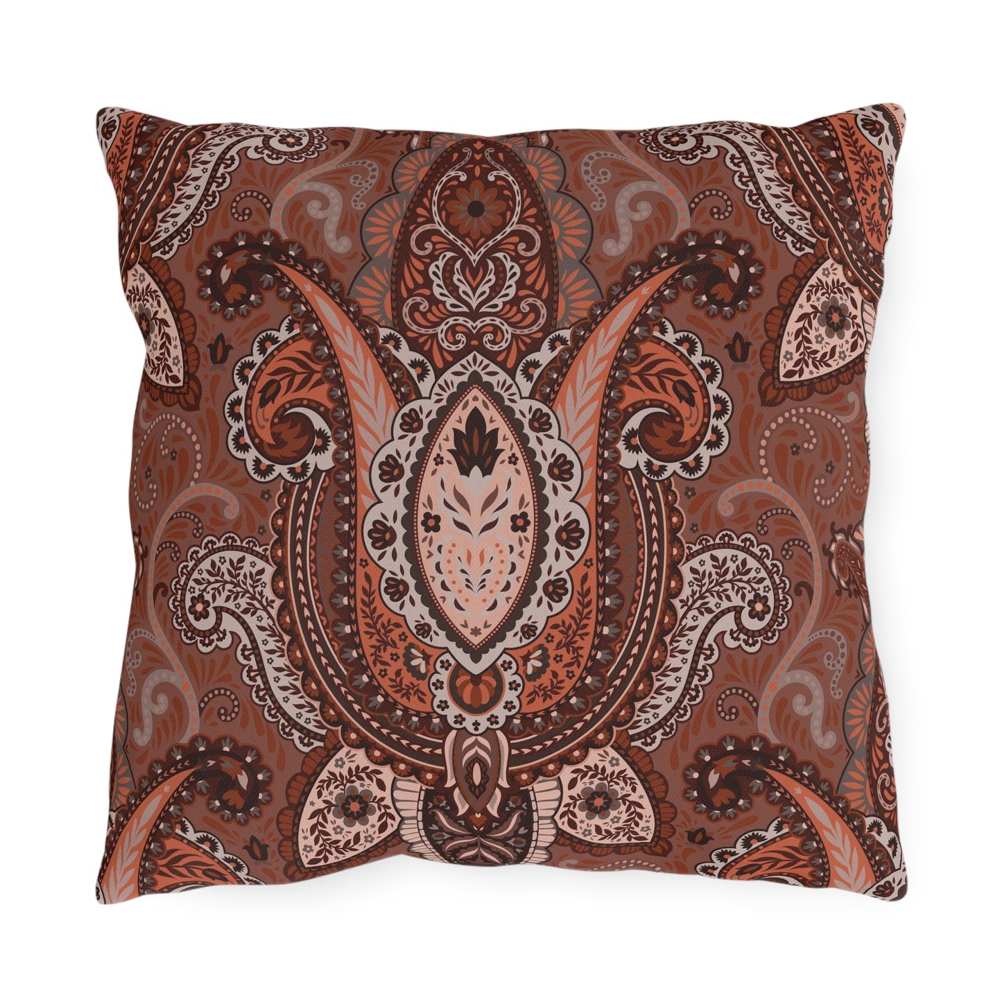 Rust Brown Paisley Pattern Outdoor Pillow | Boho Patio Cushion