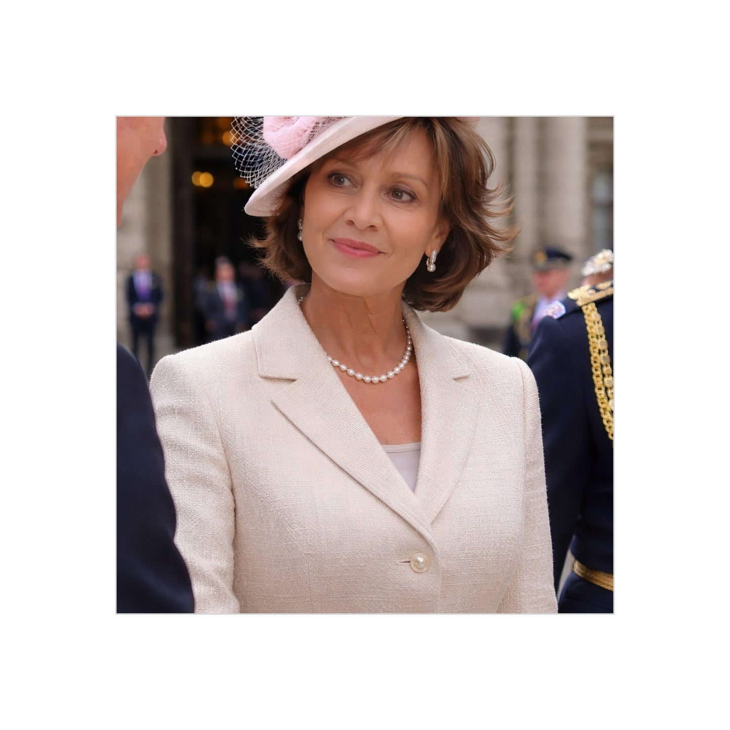 Elegant Woman Portrait Foam Board | Vintage Pearl Necklace, Classic Jacket