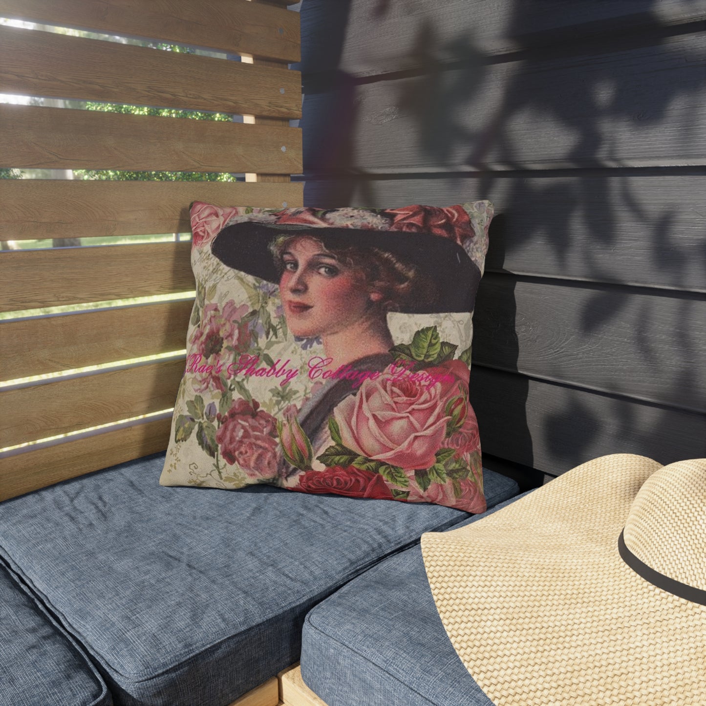Vintage Lady Portrait Outdoor Pillow | Pink Roses, Shabby Chic