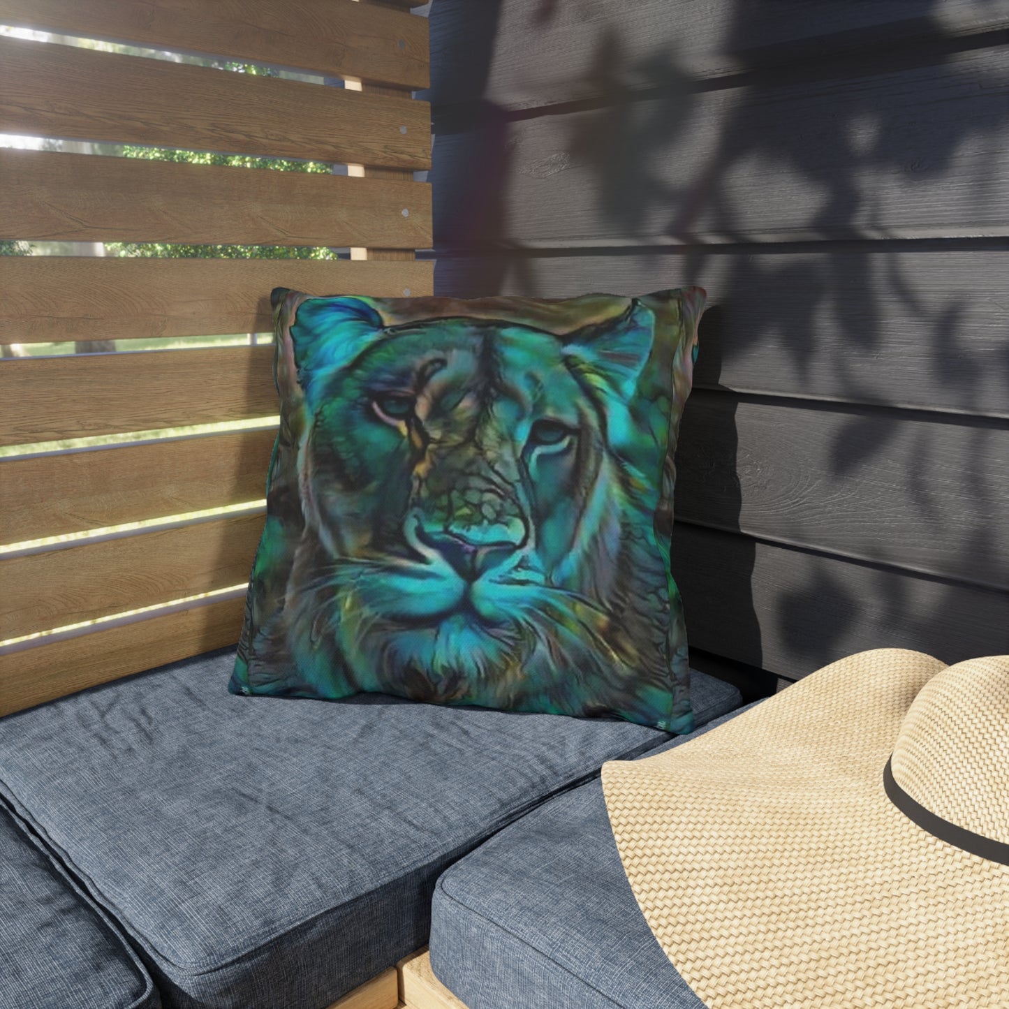 Teal Lion Face Outdoor Pillow | Wildlife Art, Boho Patio Cushion