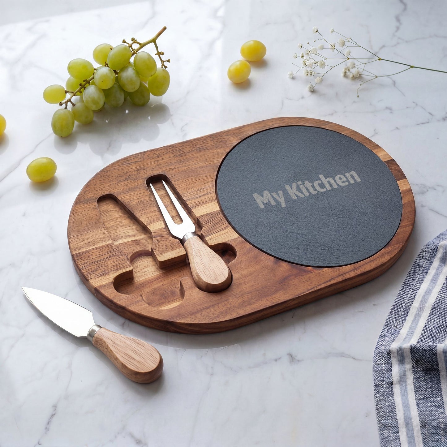 Engraved Acacia Charcuterie Board with Slate Insert — Personalized "My Kitchen" Cheese Board Set