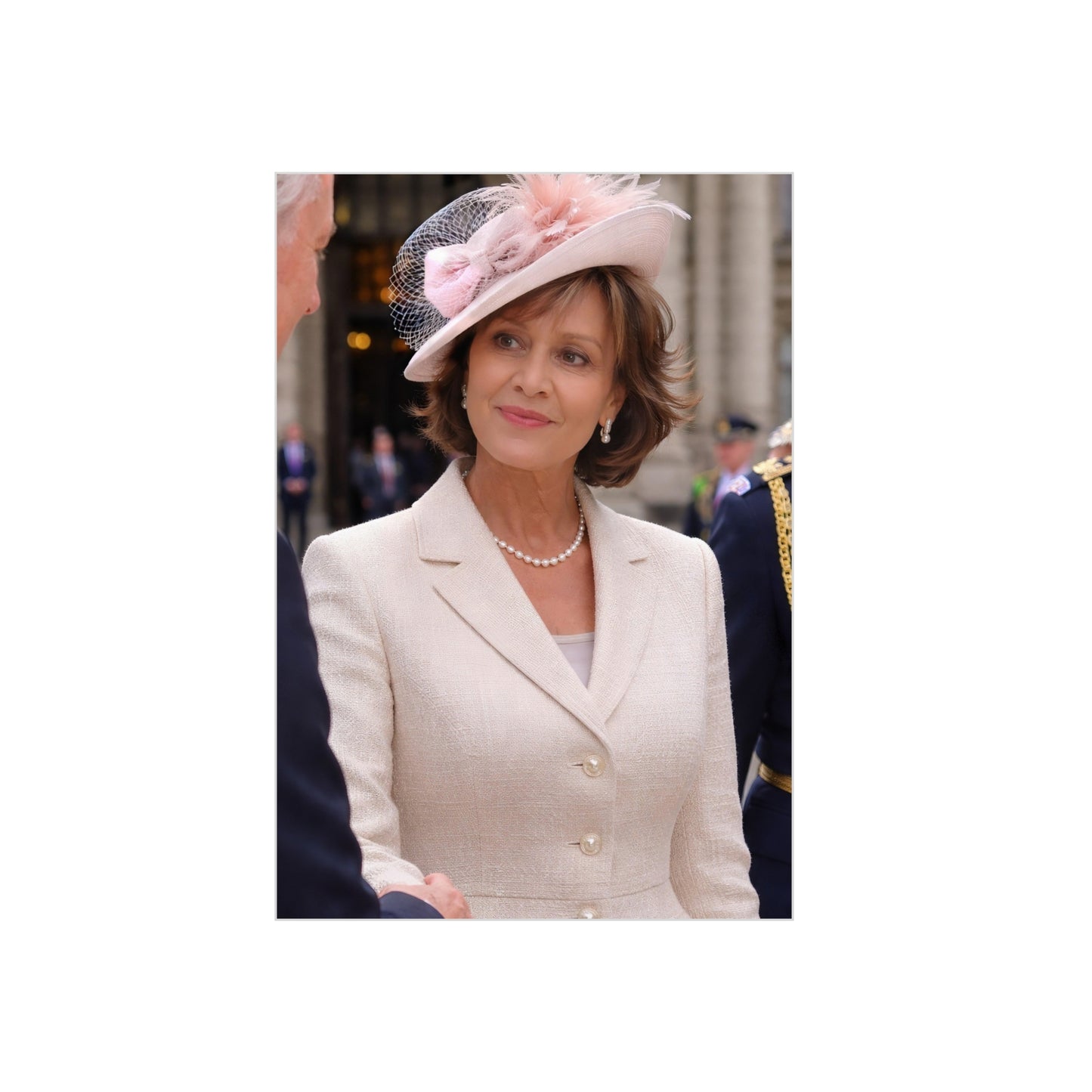 Elegant Woman Portrait Foam Board | Vintage Pearl Necklace, Classic Jacket