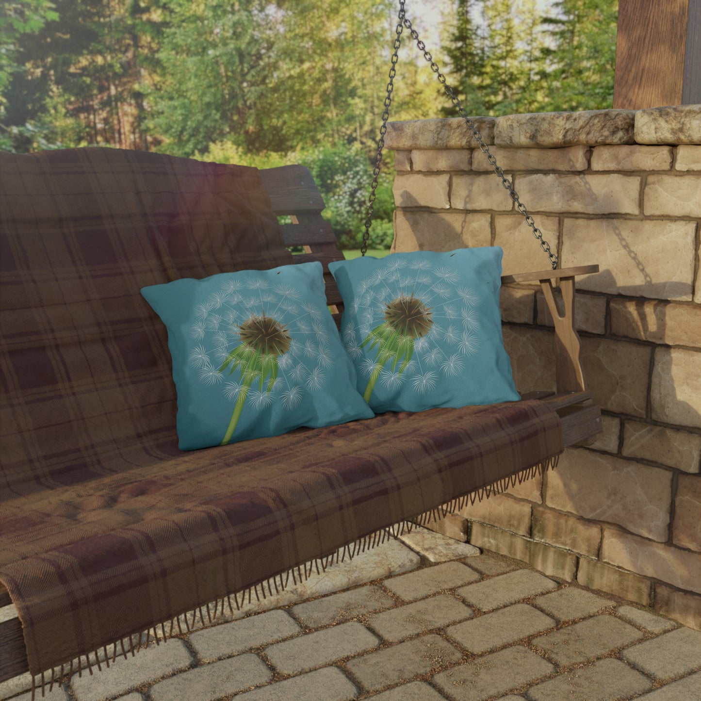 Dandelion Puff Outdoor Pillow | Blue Floral Garden Throw Pillow