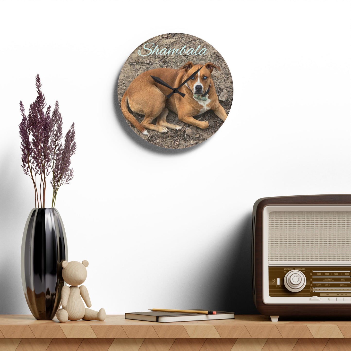 Personalized Dog Photo Acrylic Wall Clock — Custom Name (e.g., Shambala)