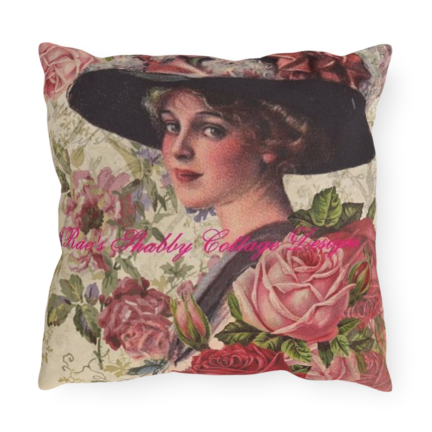 Vintage Lady Portrait Outdoor Pillow | Pink Roses, Shabby Chic