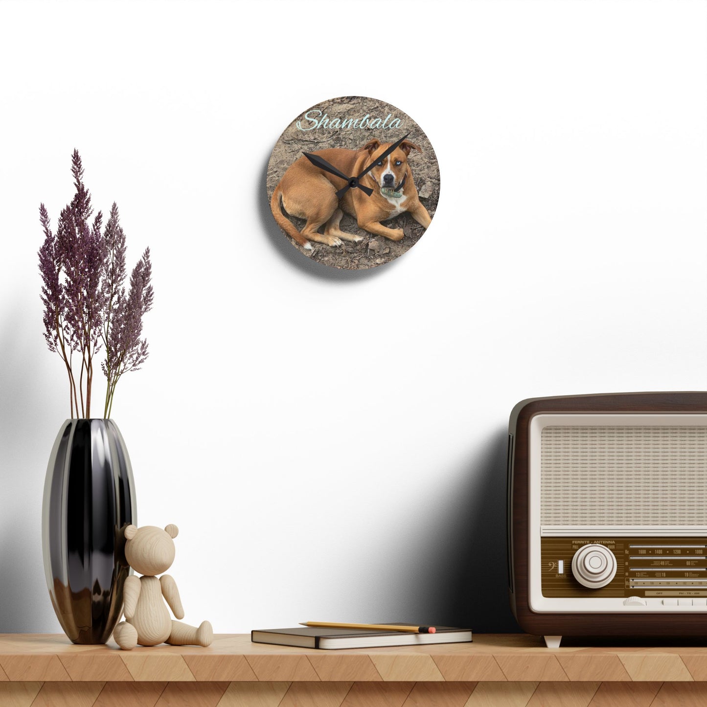 Personalized Dog Photo Acrylic Wall Clock — Custom Name (e.g., Shambala)