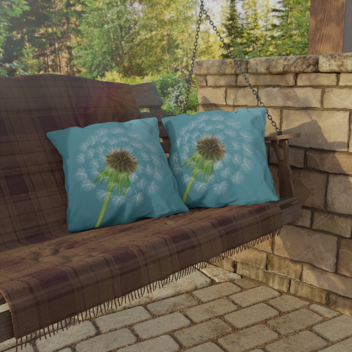 Dandelion Puff Outdoor Pillow | Blue Floral Garden Throw Pillow