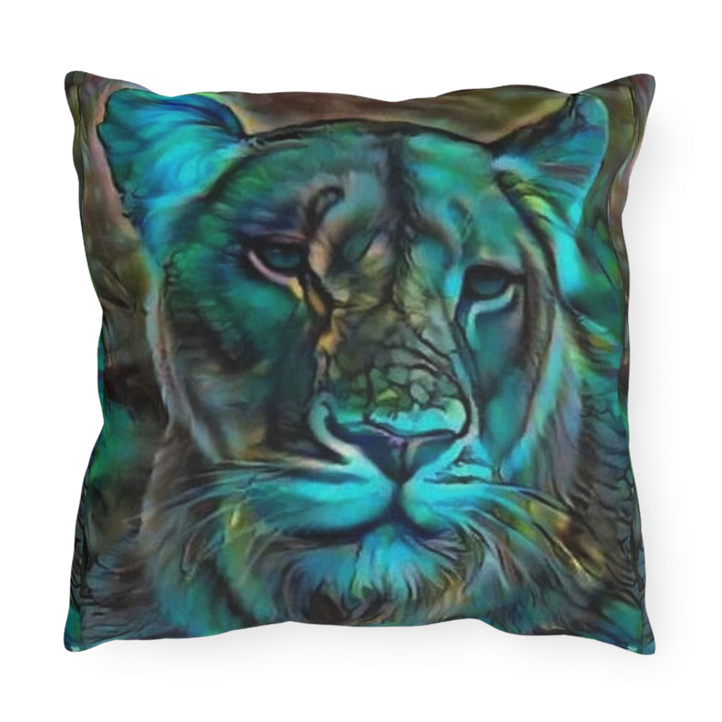 Teal Lion Face Outdoor Pillow | Wildlife Art, Boho Patio Cushion