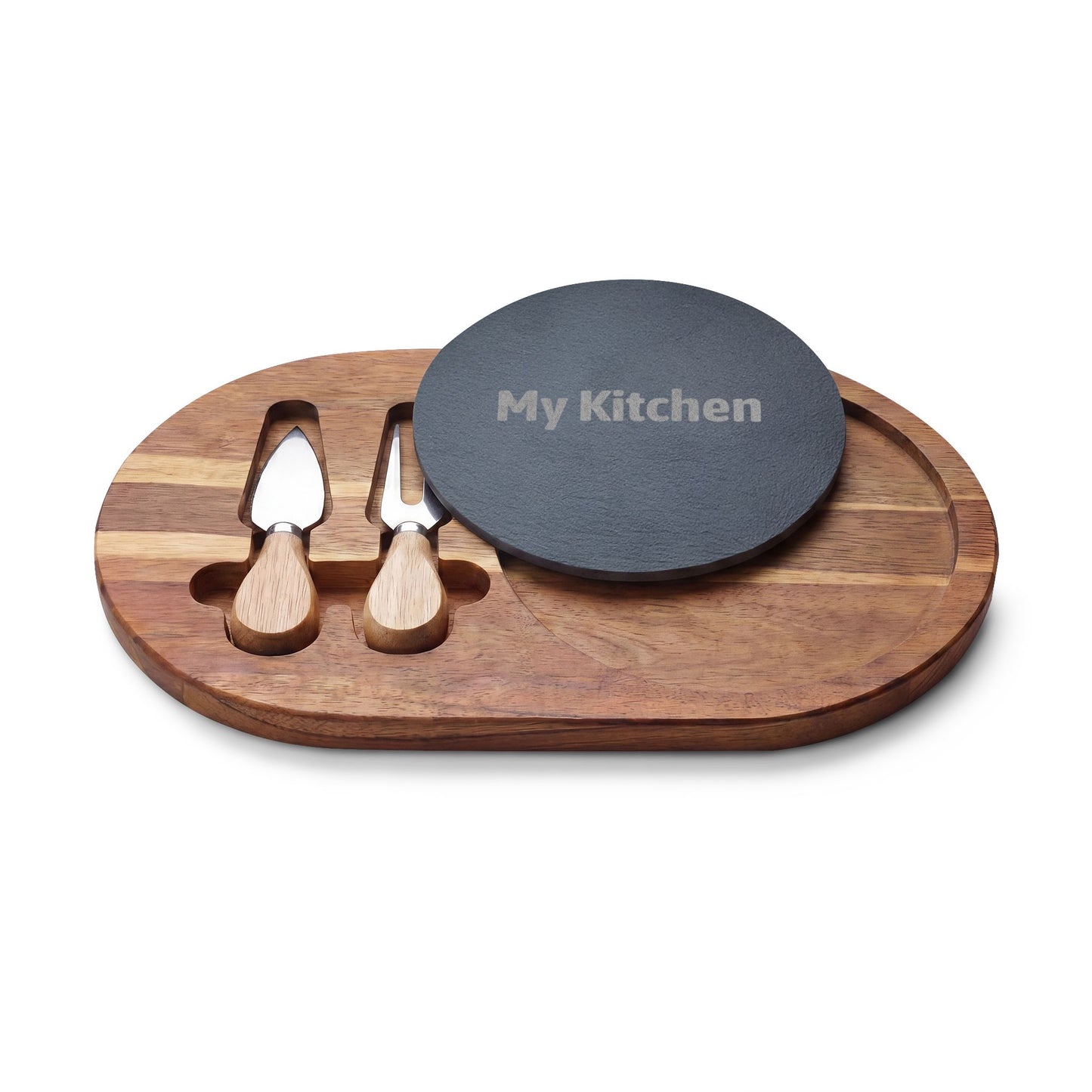 Engraved Acacia Charcuterie Board with Slate Insert — Personalized "My Kitchen" Cheese Board Set