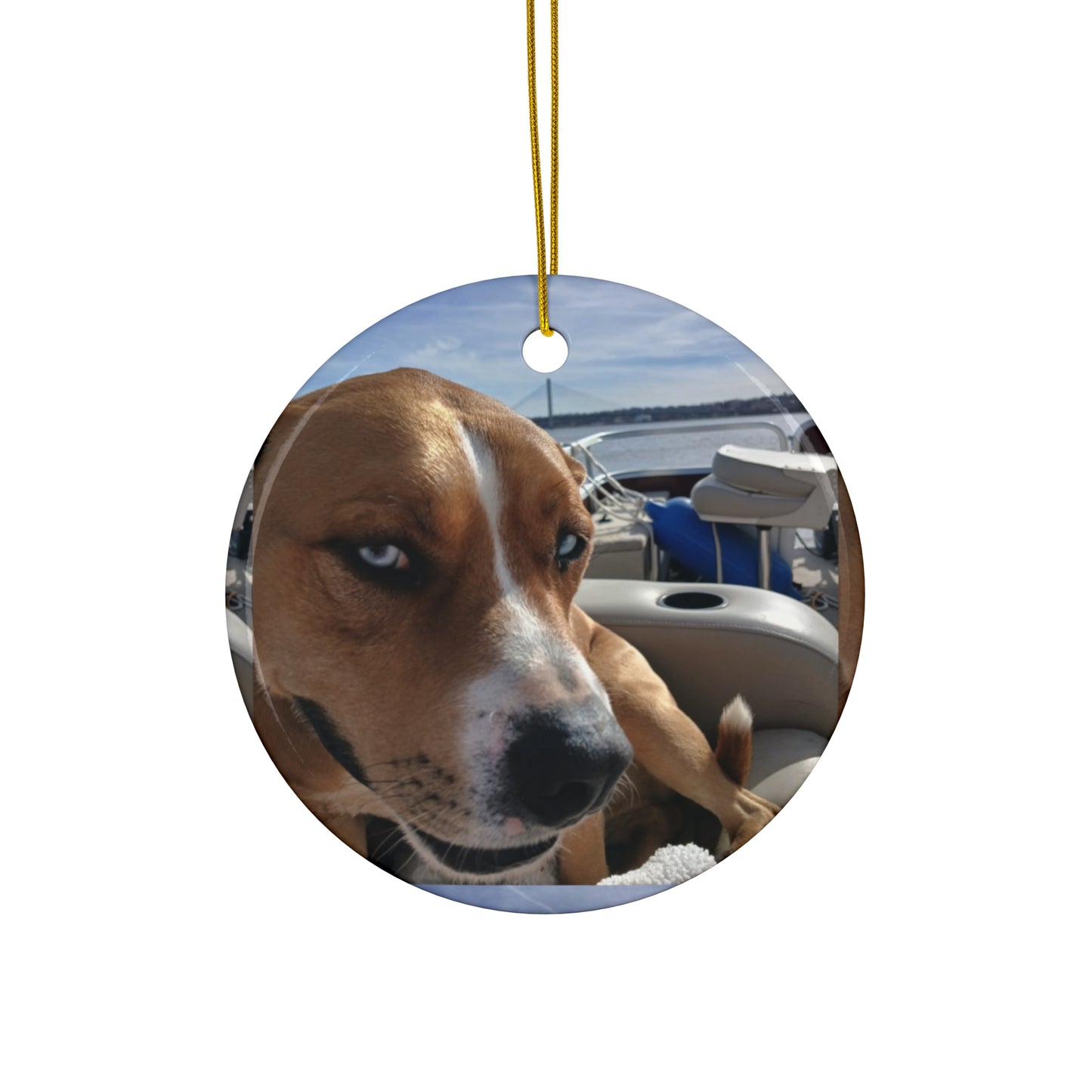 Smirking Dog Photo Ceramic Ornament | Round Holiday Keepsake