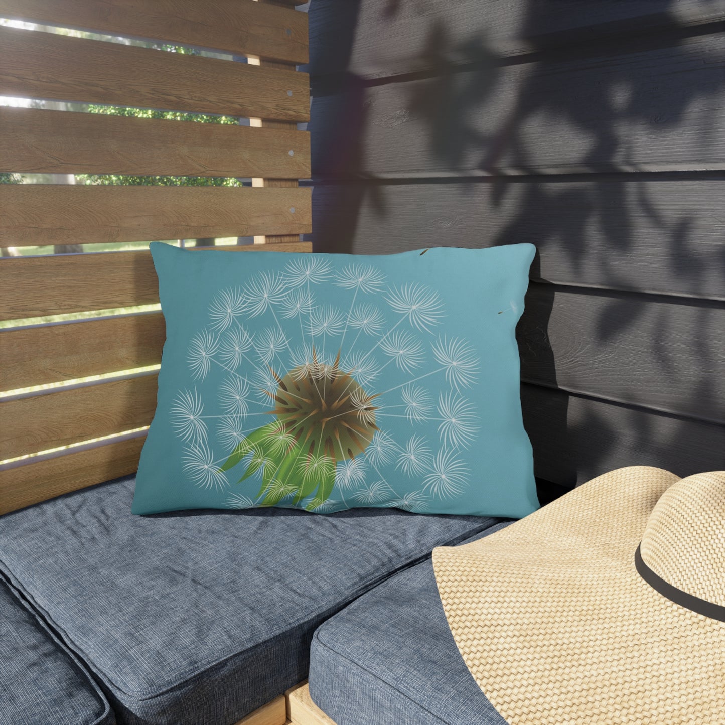 Dandelion Puff Outdoor Pillow | Blue Floral Garden Throw Pillow