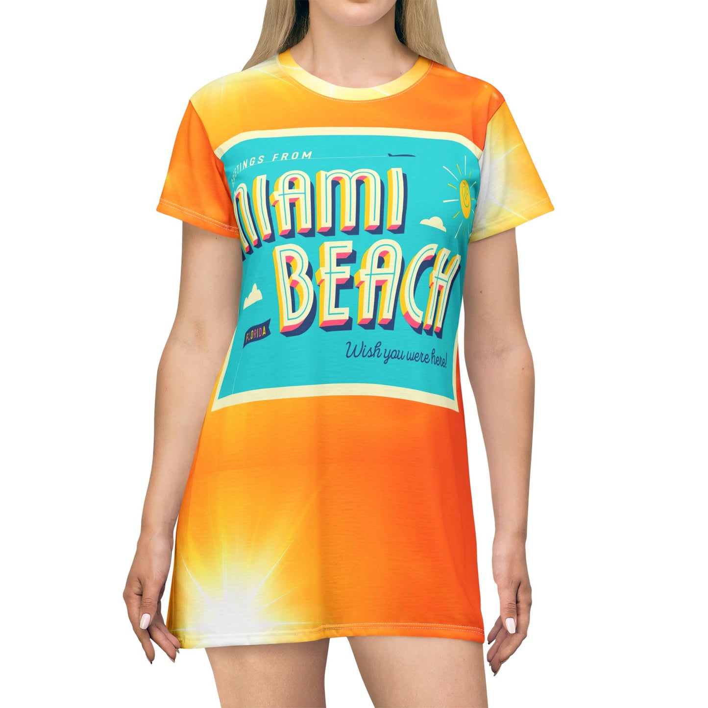 Sunburst Orange All-Over Print T-Shirt Dress — Bright Summer Glow