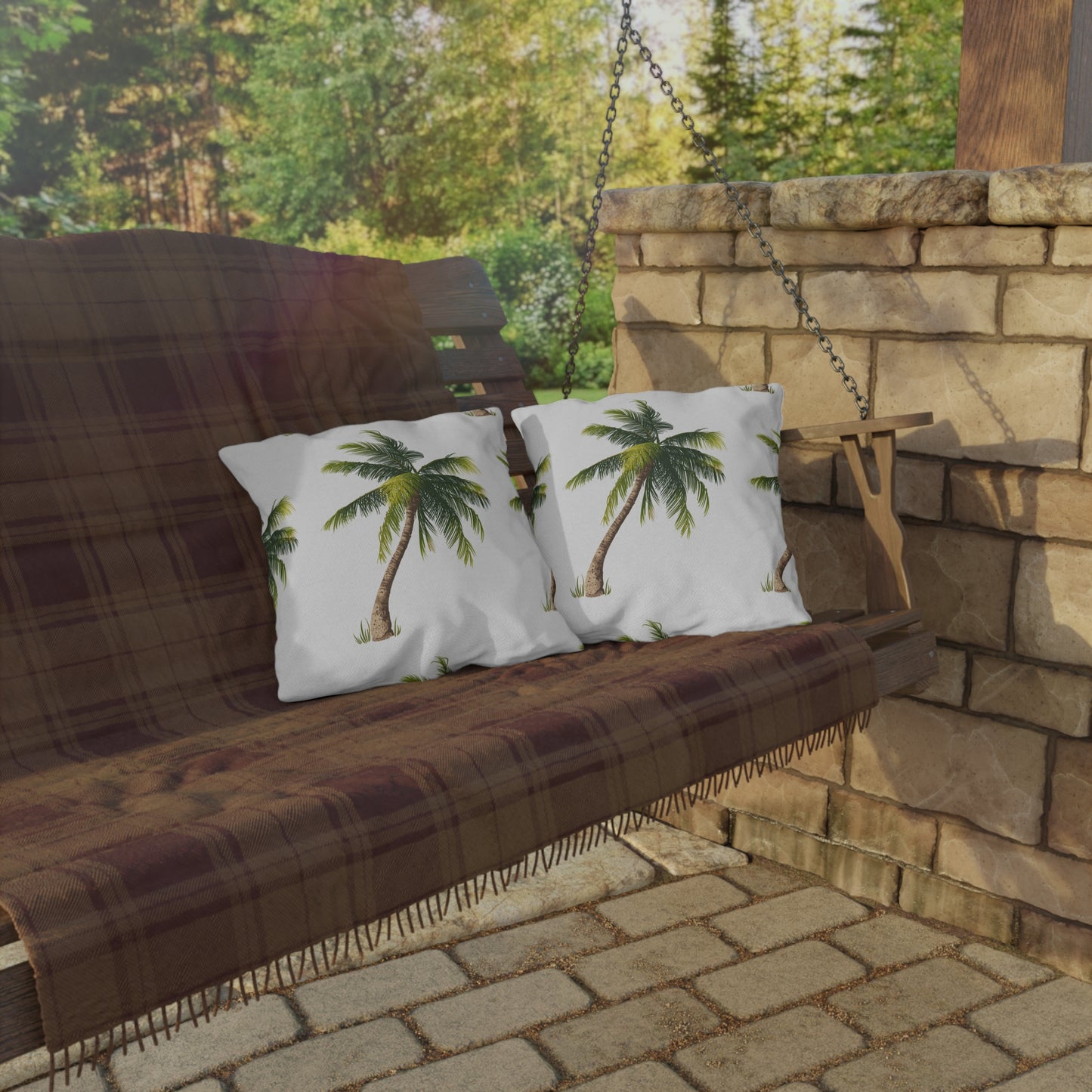 Palm Tree Pattern Outdoor Pillow | Tropical Coastal Patio Cushion