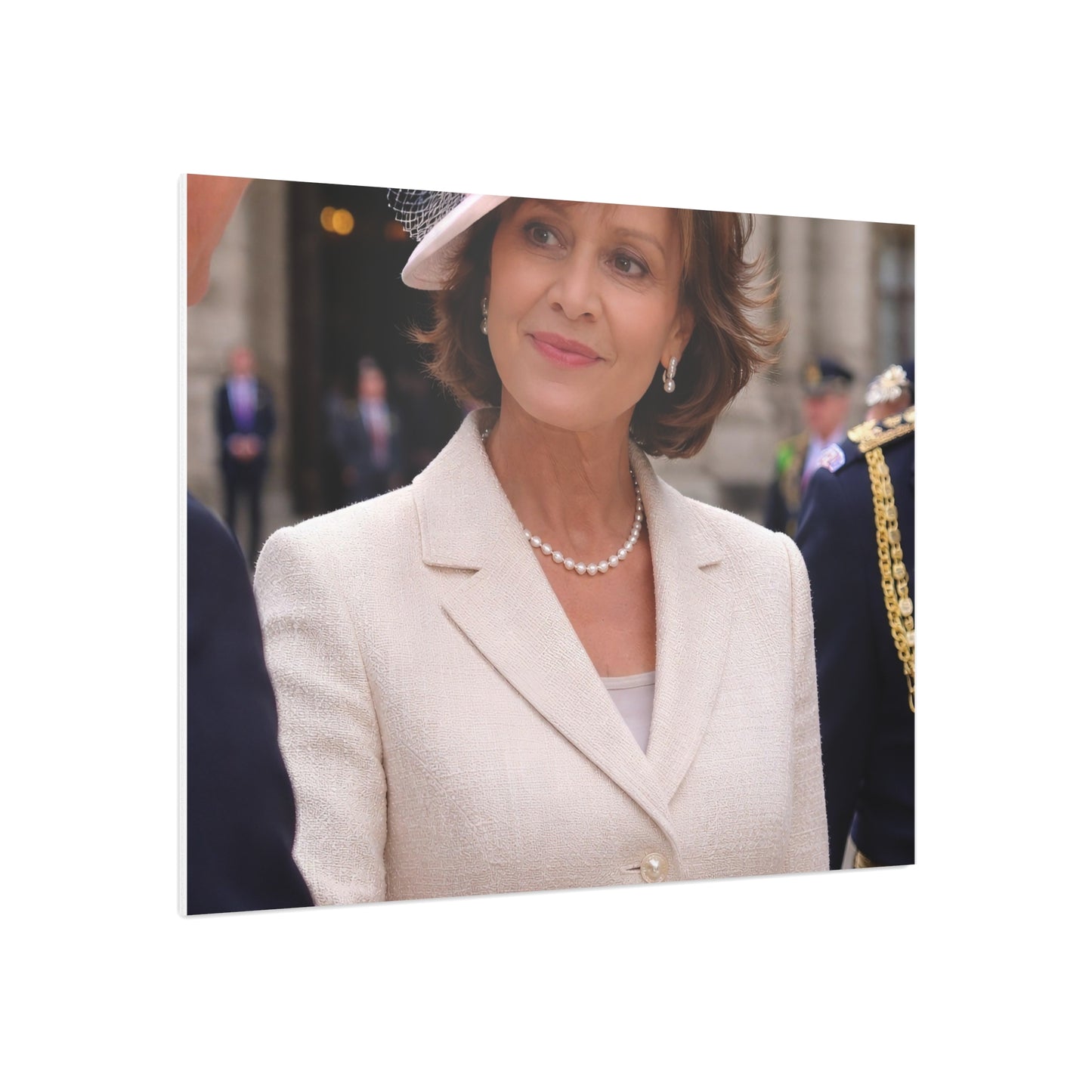 Elegant Woman Portrait Foam Board | Vintage Pearl Necklace, Classic Jacket