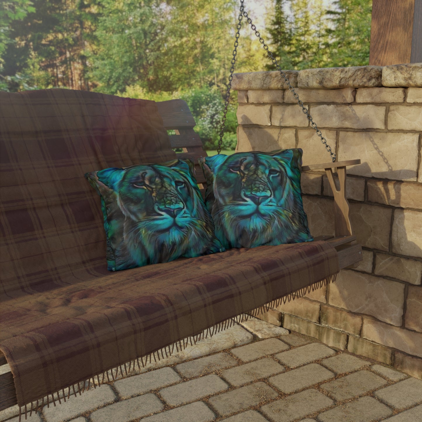 Teal Lion Face Outdoor Pillow | Wildlife Art, Boho Patio Cushion