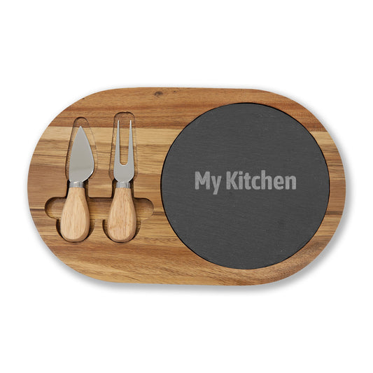 Engraved Acacia Charcuterie Board with Slate Insert — Personalized "My Kitchen" Cheese Board Set