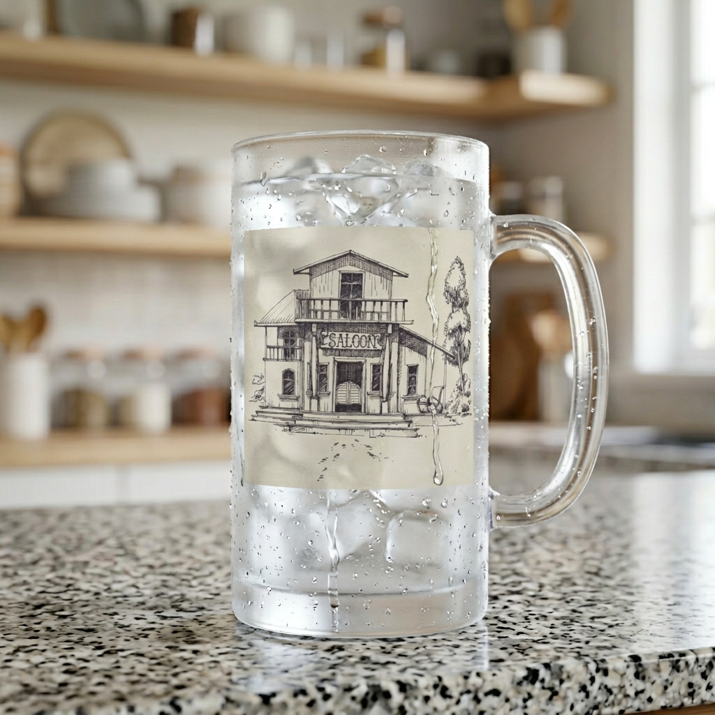 Frosted Glass Beer Mug with Vintage House Sketch — Rustic Home Bar Pint Glass