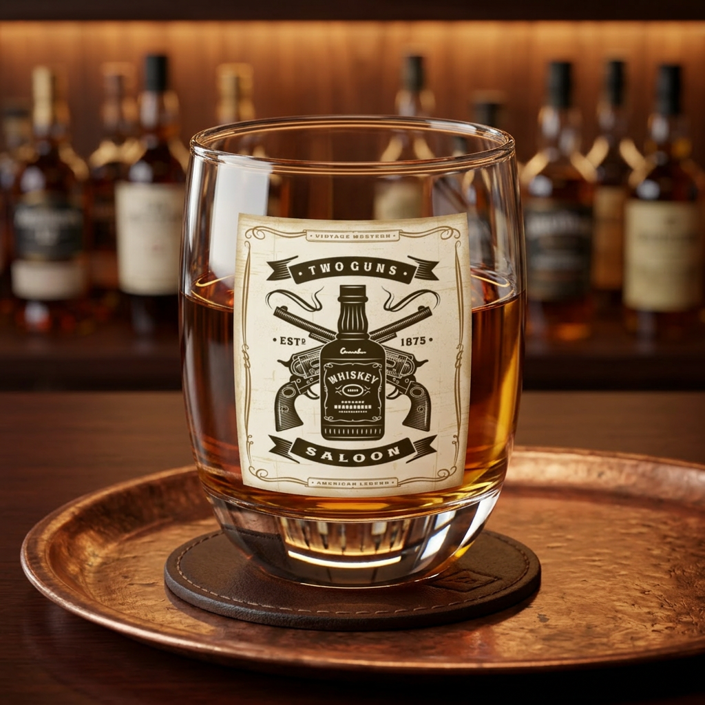 Whiskey Glass — Vintage Saloon Two Guns Retro Bottle & Pistols Design