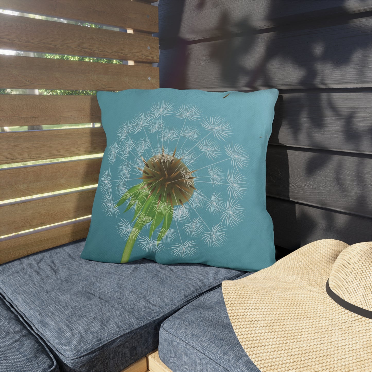 Dandelion Puff Outdoor Pillow | Blue Floral Garden Throw Pillow