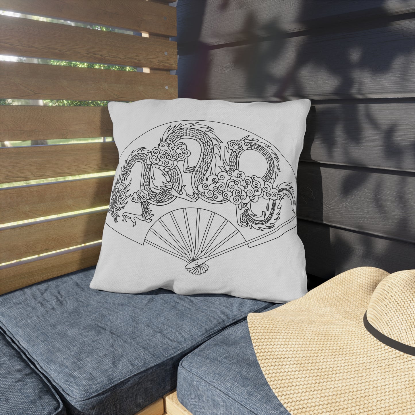 Oriental Dragon Fan Outdoor Pillow | Asian Dragon Illustration, Patio Decor