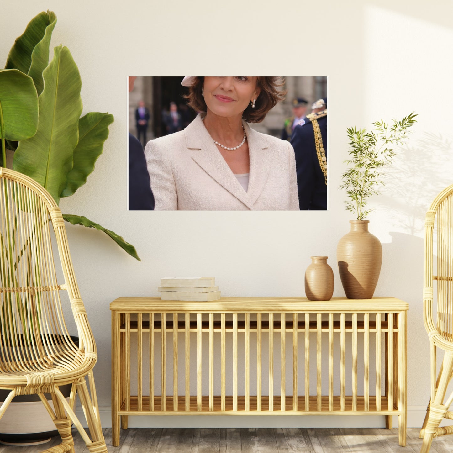 Elegant Woman Portrait Foam Board | Vintage Pearl Necklace, Classic Jacket