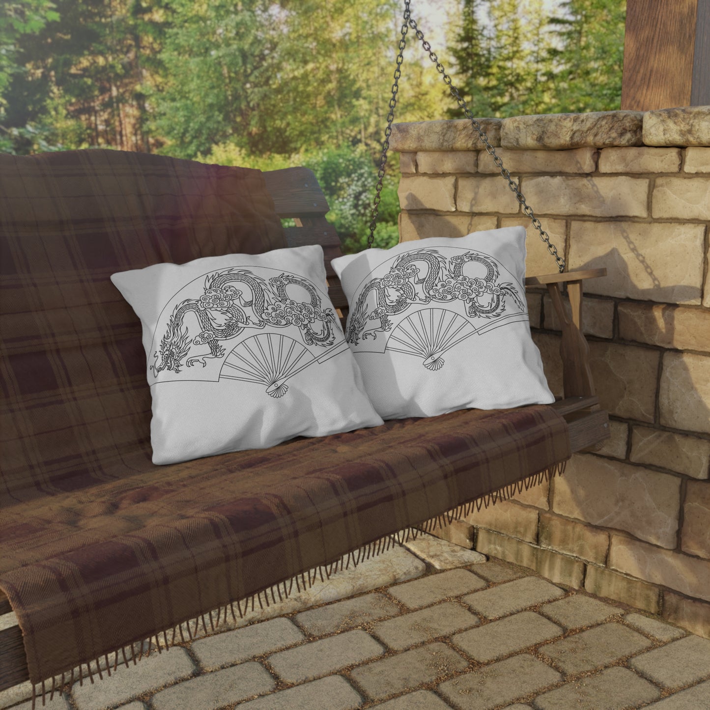 Oriental Dragon Fan Outdoor Pillow | Asian Dragon Illustration, Patio Decor