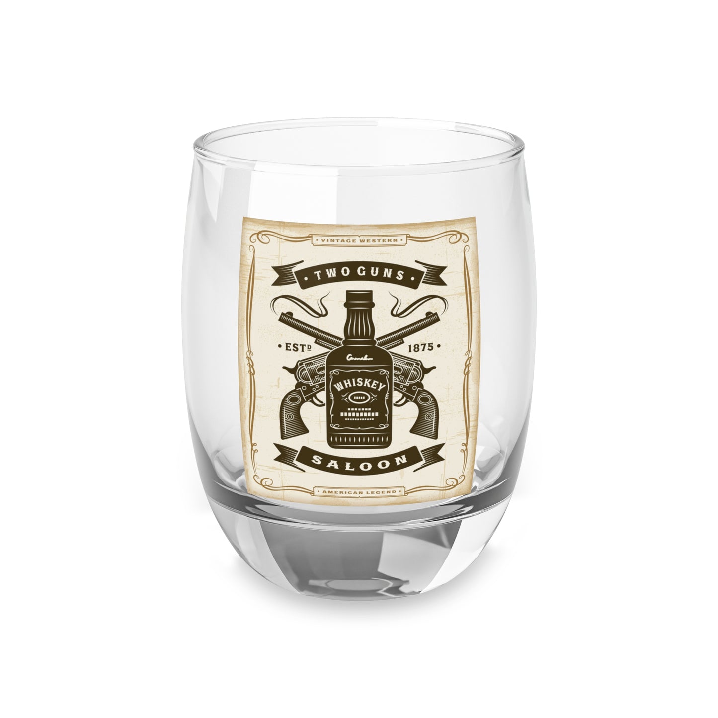 Whiskey Glass — Vintage Saloon Two Guns Retro Bottle & Pistols Design