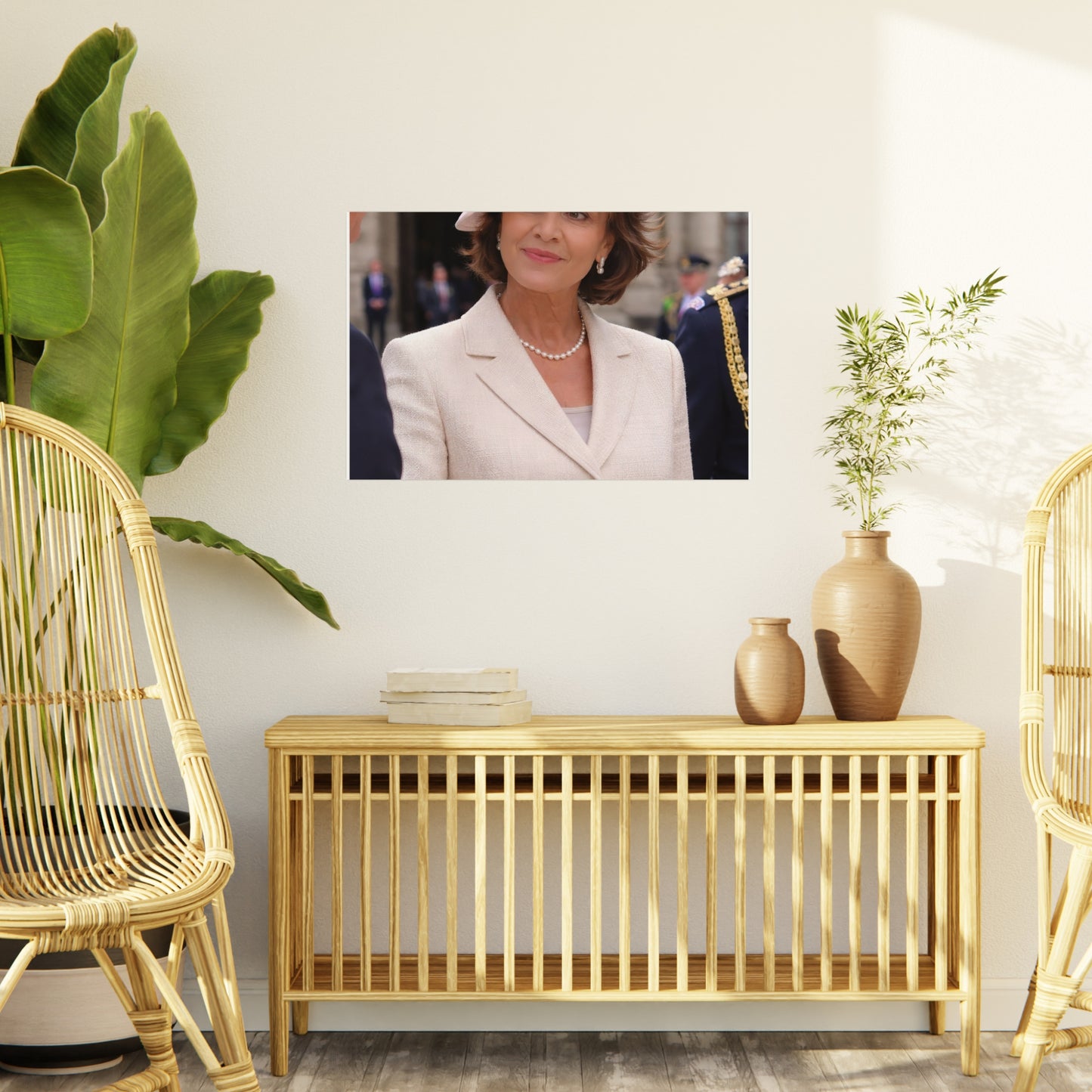 Elegant Woman Portrait Foam Board | Vintage Pearl Necklace, Classic Jacket