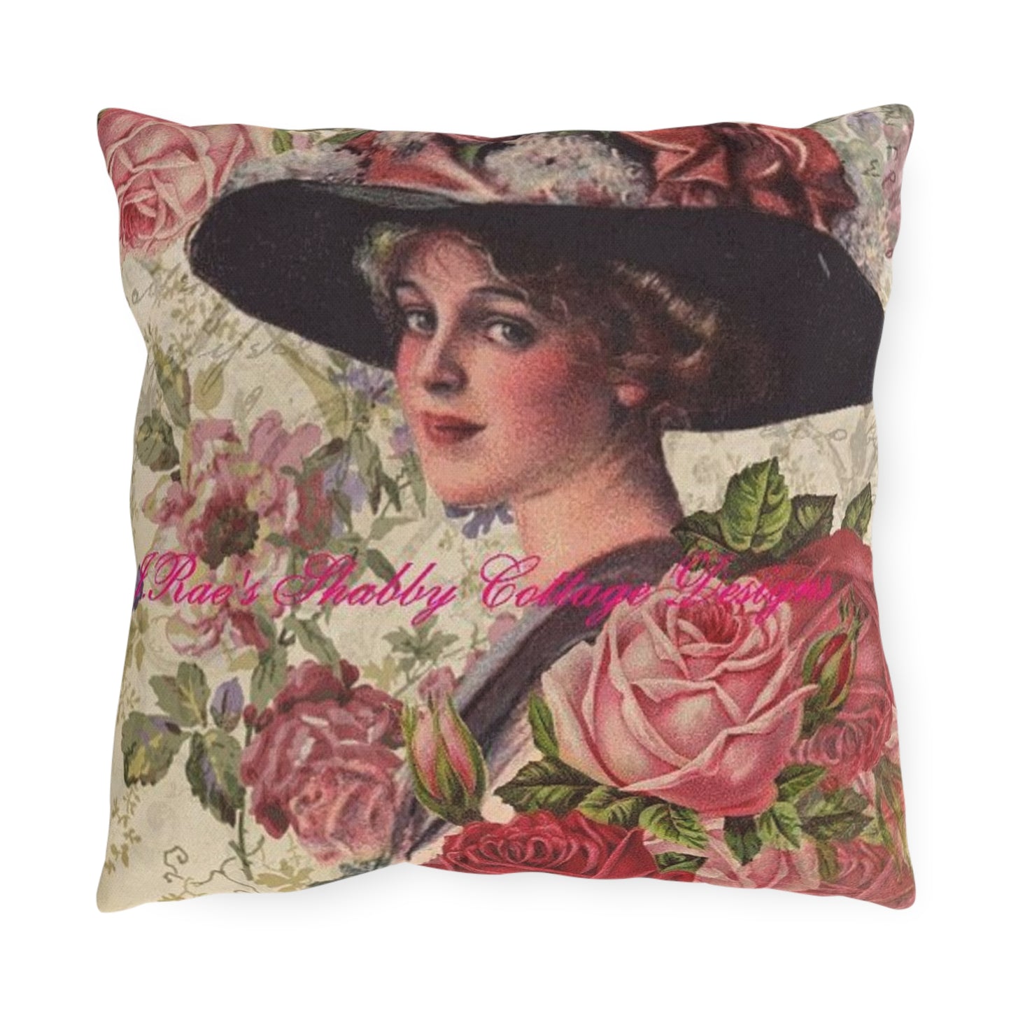 Vintage Lady Portrait Outdoor Pillow | Pink Roses, Shabby Chic