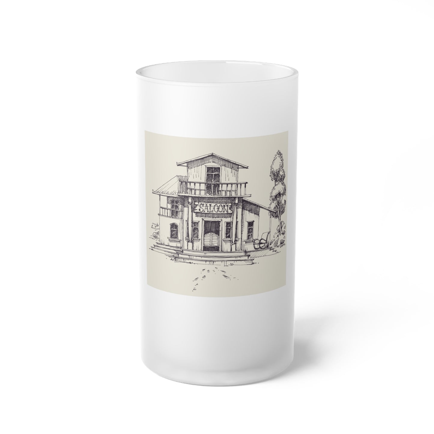 Frosted Glass Beer Mug with Vintage House Sketch — Rustic Home Bar Pint Glass