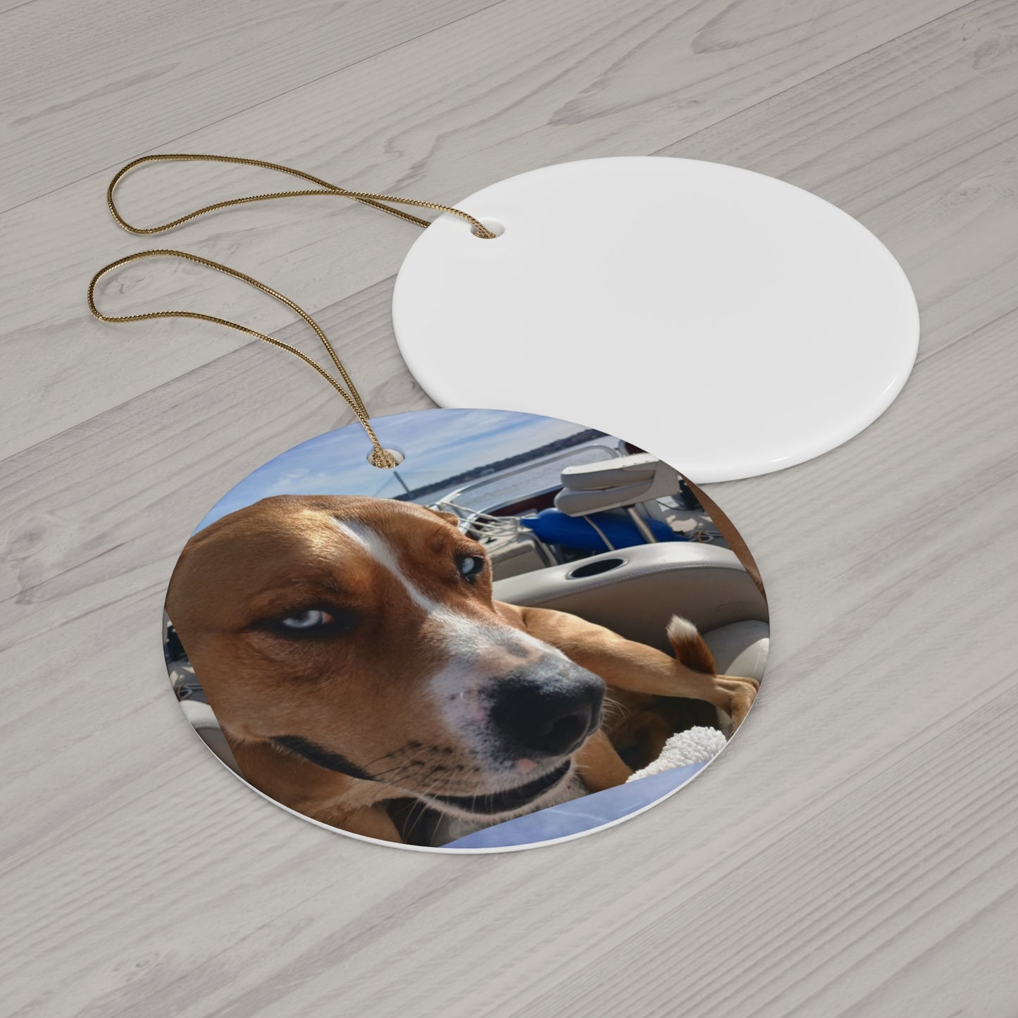 Smirking Dog Photo Ceramic Ornament | Round Holiday Keepsake