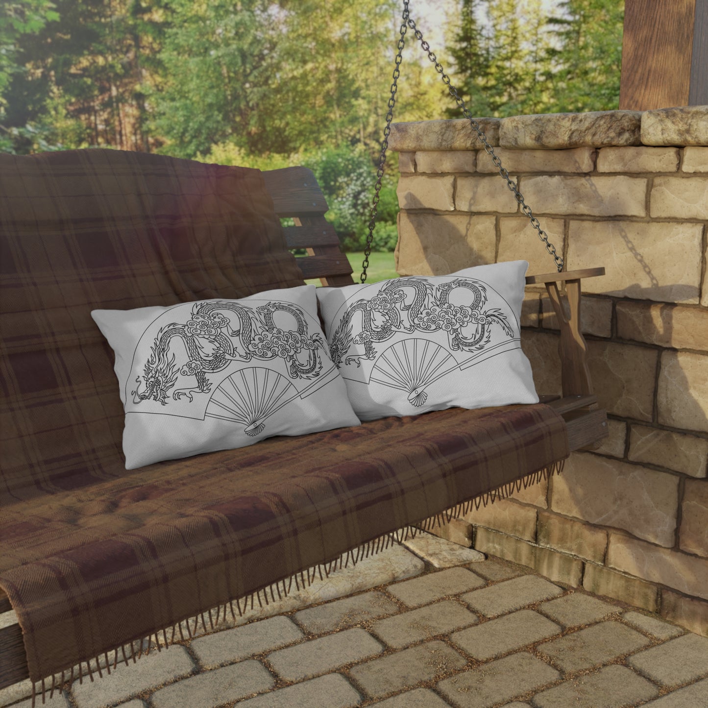 Oriental Dragon Fan Outdoor Pillow | Asian Dragon Illustration, Patio Decor