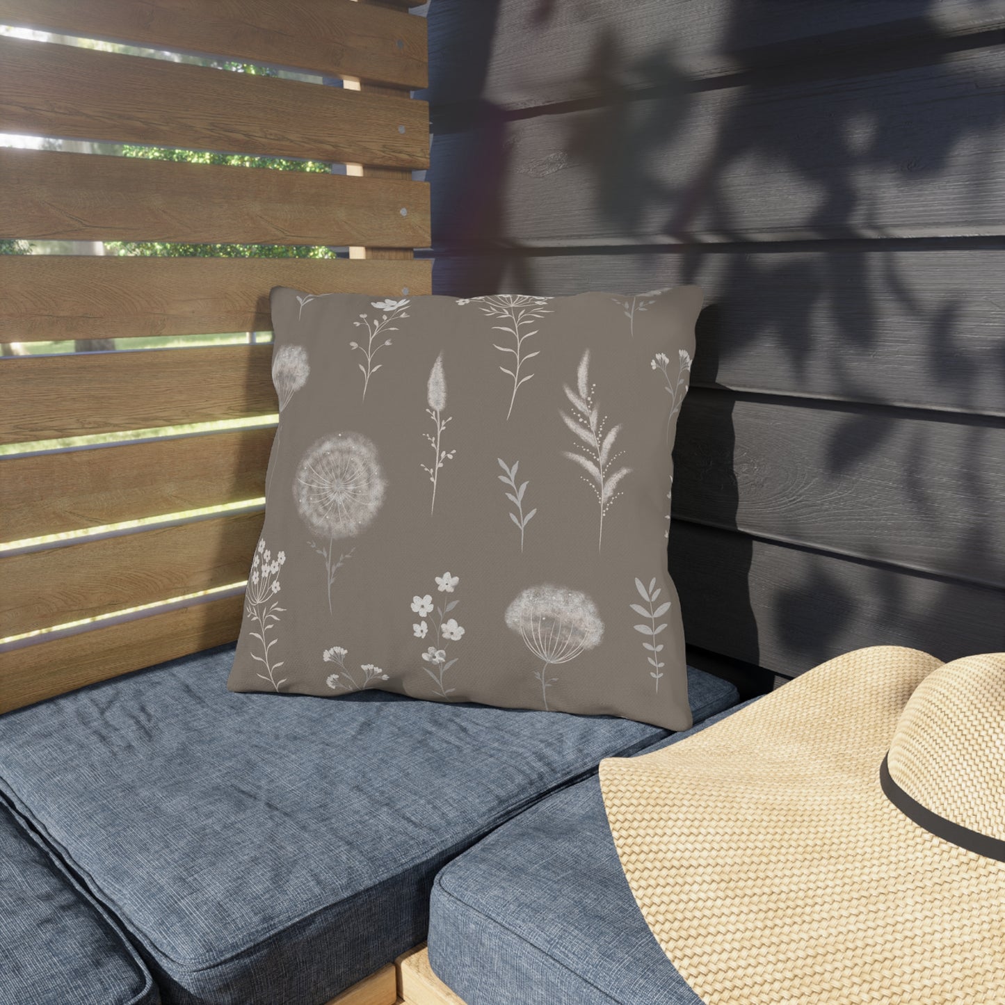 Neutral Dandelion Floral Outdoor Pillow | Botanical Throw Cushion