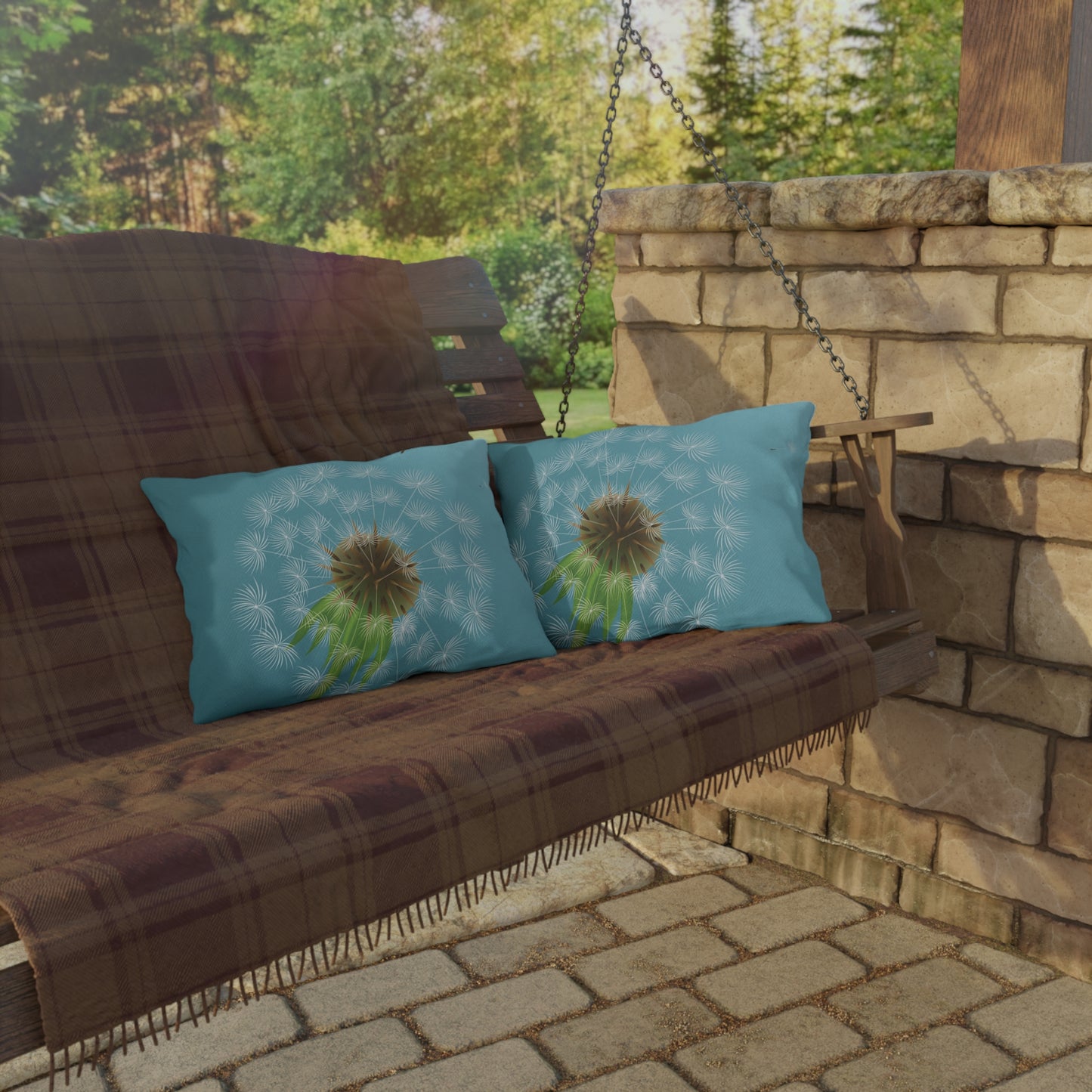 Dandelion Puff Outdoor Pillow | Blue Floral Garden Throw Pillow
